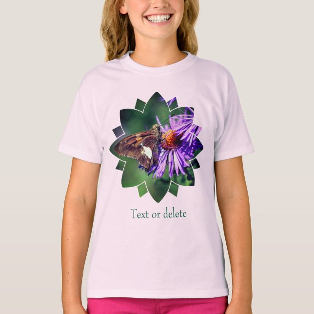 Camiseta Borboleta na Flor de Áster Roxo Personalizada (Frente)