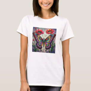 Camiseta Borboleta & Papoula Vermelha Arte de Inseto em Vid