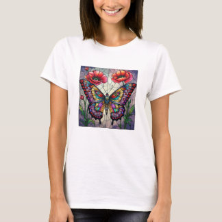 Camiseta Borboleta & Papoula Vermelha Arte de Inseto em Vid