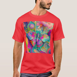 Camiseta Borboleta Psicodélica Colorida e Flores
