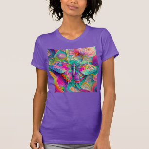 Camiseta Borboleta Psicodélica Colorida e Flores