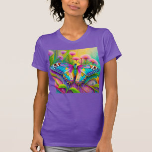 Camiseta Borboleta Psicodélica Colorida e Flores Silvestres