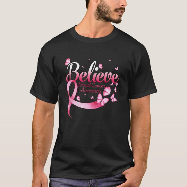 Camiseta Borboleta rosa acredita na consciência do Cancer d (Frente)
