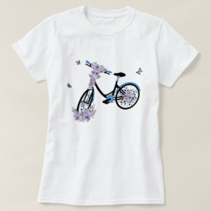 Camiseta Borboleta Rosa Bicicleta Azul, Flor Roxo, Vintage