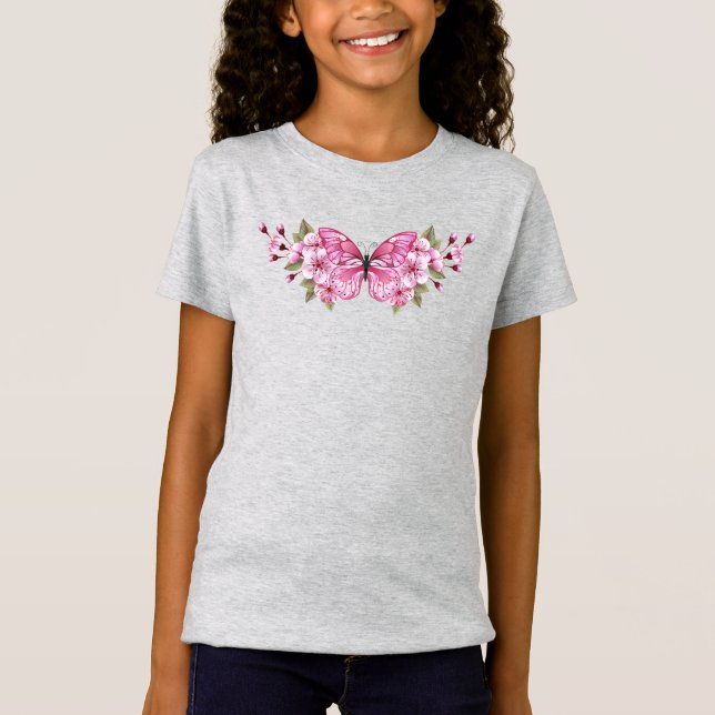 Camiseta Borboleta rosa com Sakura (Frente)