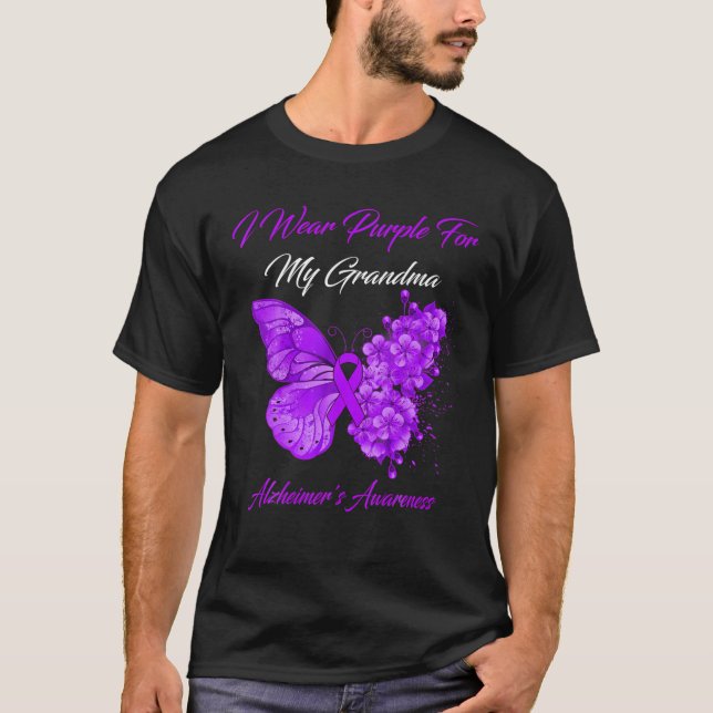 Camiseta Borboleta Visto Roxo para minha vovó Alzheimer (Frente)