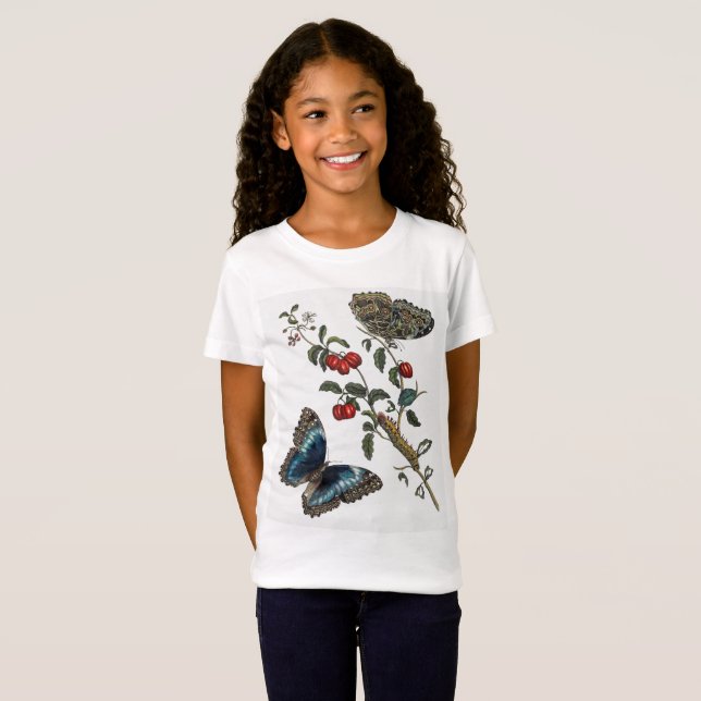 Camiseta Borboletas azuis e Frutas vermelhas (Frente Completa)