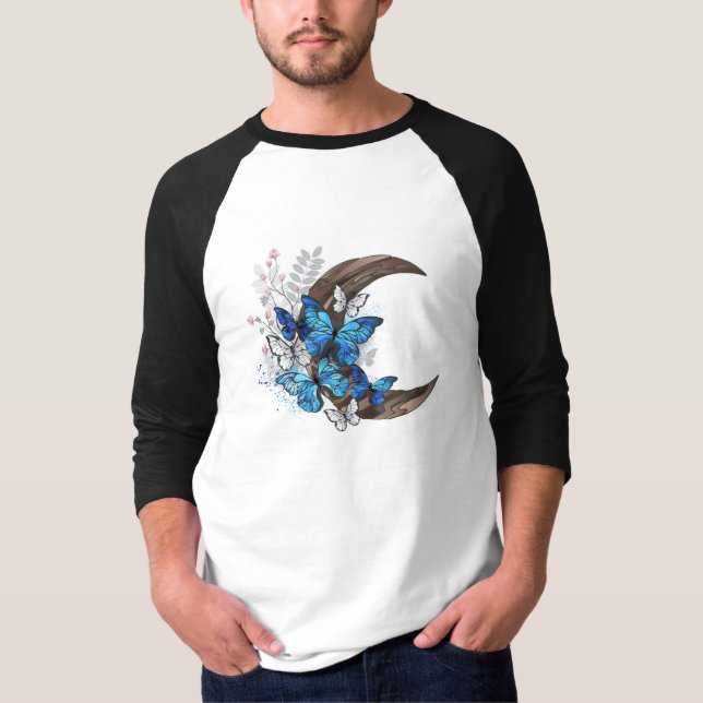 Camiseta Borboletas azuis em crescente de madeira (Frente)