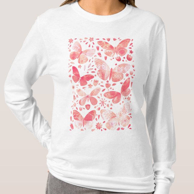 Camiseta Borboletas Cores Aquáticas Cor de Rosa (Coral blush pink watercolor butterfly pattern t-shirt)