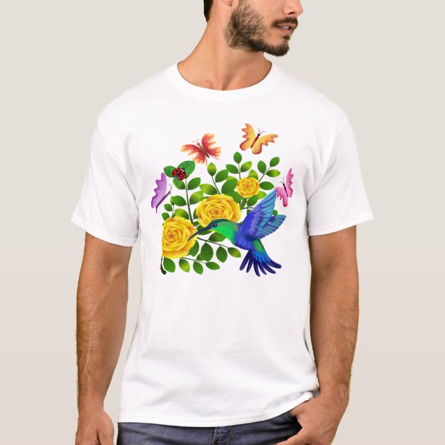 Camiseta Borboletas e beija-flores voam sobre uma praia (Frente)