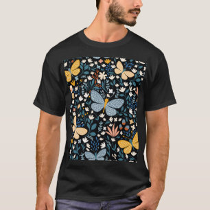 Camiseta Borboletas Florais: Desenho contínuo feito à mão.