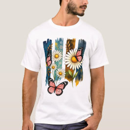 Camiseta Borboletas Margaridas em Listras Pintadas