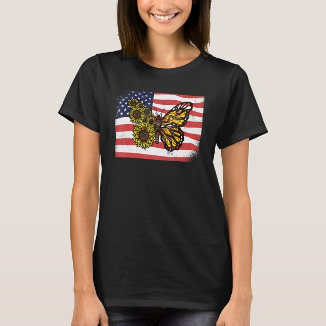 Camiseta Borboletas monarcas de girassol F Patriótico Ameri (Frente)