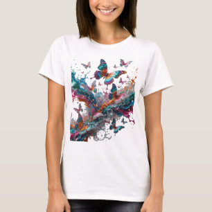 CAMISETA BORBOLETAS PRATEADAS EM SALPICOS COLORIDOS