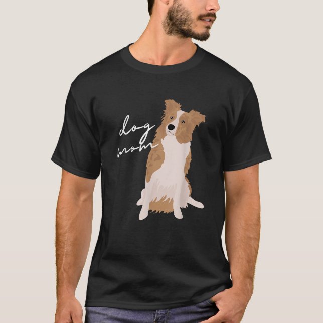 Camiseta Borda branca de Merle Collie Cachorro Mãe Cachorro (Frente)
