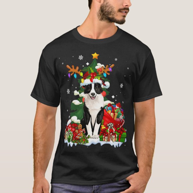 Camiseta Borda Collie Christmas Reindee Papais noeis Light  (Frente)