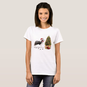Camiseta Borda Collie Engraçado Cachorro de Natal com Árvor