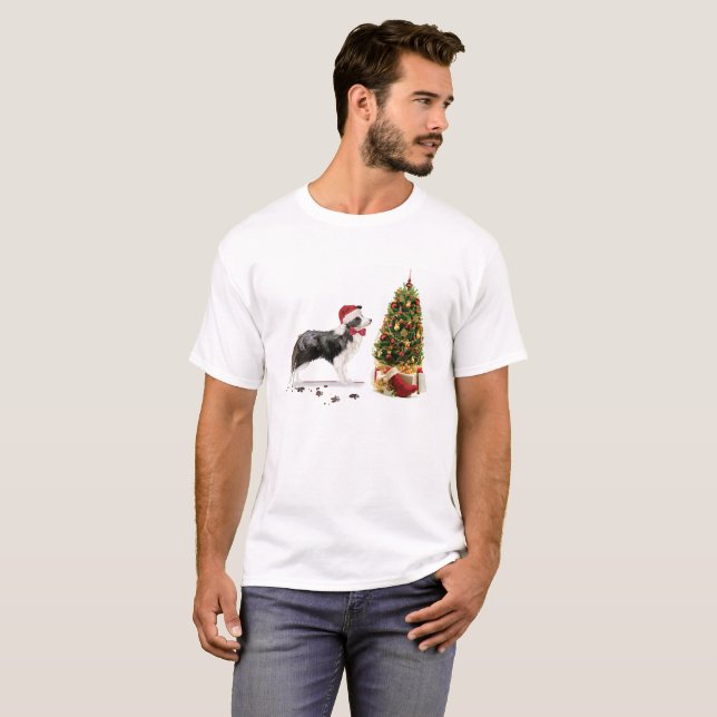 Camiseta Borda Collie Engraçado Cachorro de Natal com Árvor (Frente Completa)
