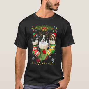 Camiseta Borda Collie Meias Árvore de Natal Light Xmas Sant