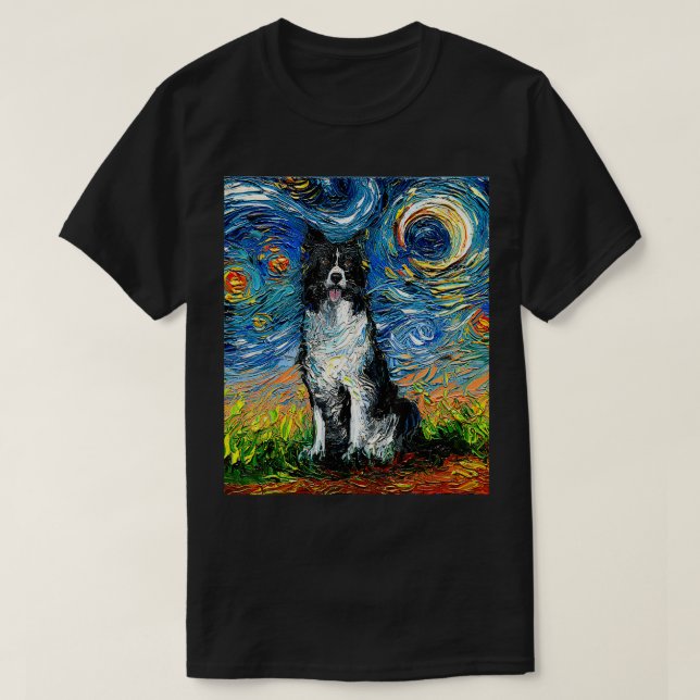 Camiseta Borda Collie Starry Night Impressionista Cão Arte  (Frente do Design)