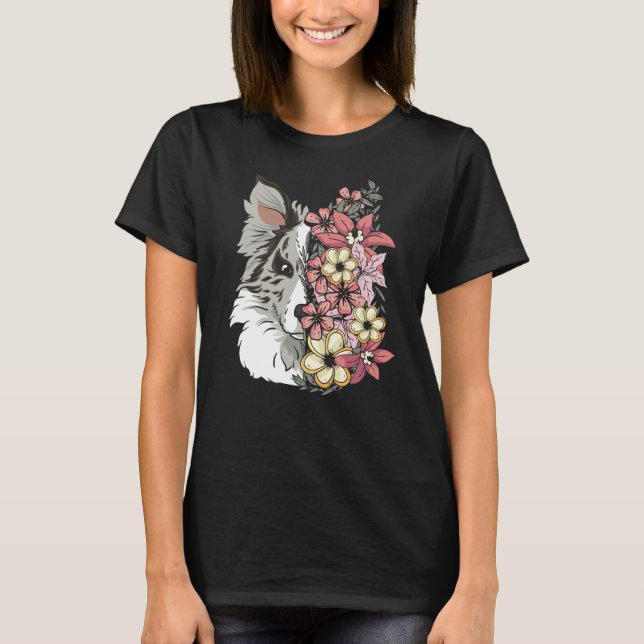 Camiseta Borda de Collie Blue Merle com Flores (Frente)