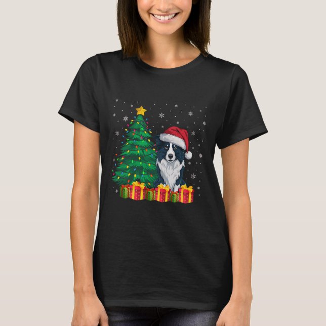 Camiseta Borda Feia Collie Santa Hat Cachorro das Luzes de  (Frente)