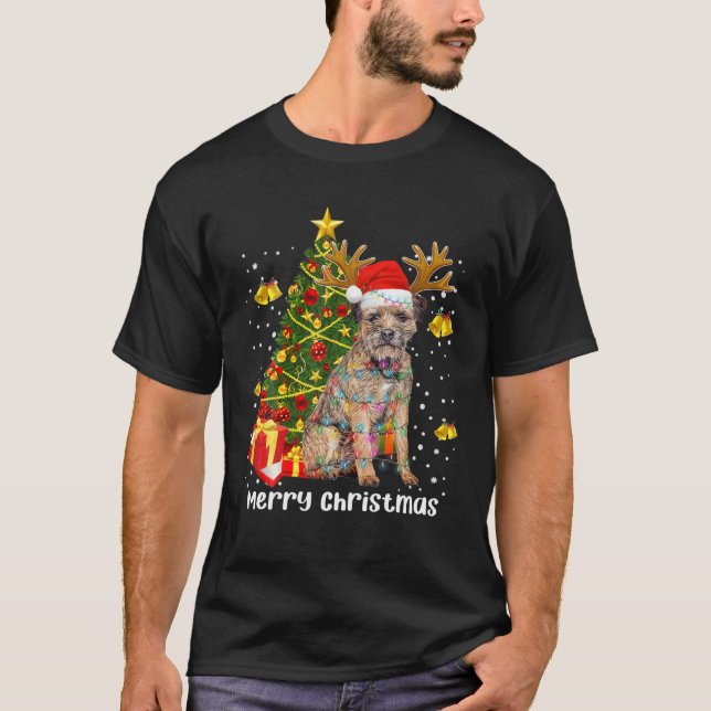 Camiseta Borda Papais noeis Terrier Árvore de Natal Luzes X (Frente)