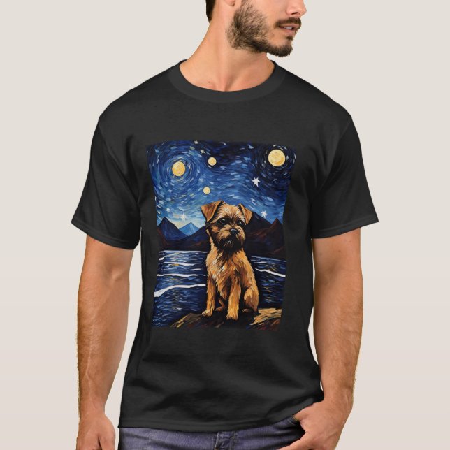 Camiseta Borda Terrier Cão Engraçado Starry Night Van Gogh  (Frente)