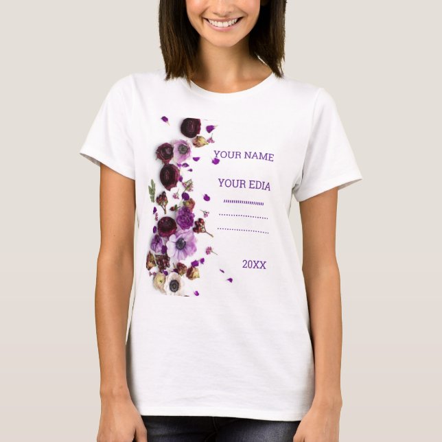 Camiseta Bordada com Flores Silvestres Lindas, Ver (Frente)