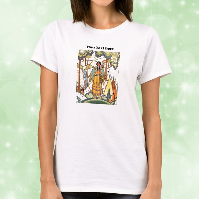 Camiseta Bordado de Tepee de Lady Waterfall Nativo American (Native American lady in forest by waterfall in traditional clothing with embroidered look on shirt.)