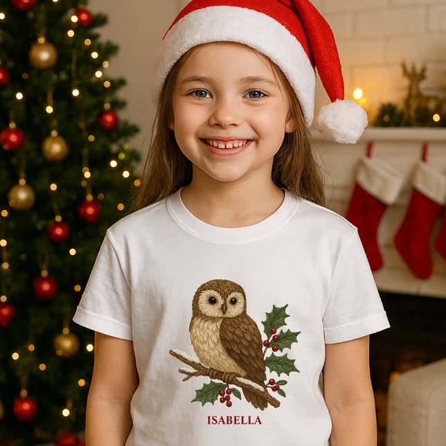 Camiseta Bordado russo Coruja de Natal com Holly (Criador carregado)
