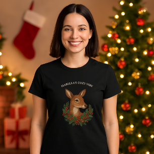 Camiseta Bordado russo Deer & Holiday Greens Natal