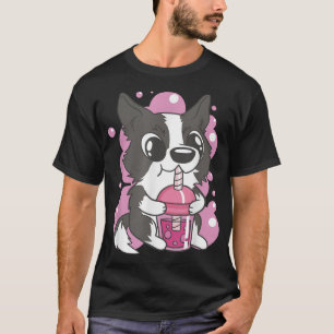 Camiseta Border Collie Bebendo Boba Tea Tapioca Balls Bubb