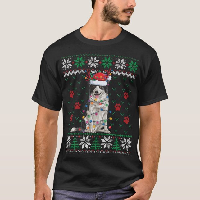 Camiseta Border Collie Christmas Lights Papais noeis Reinde (Frente)