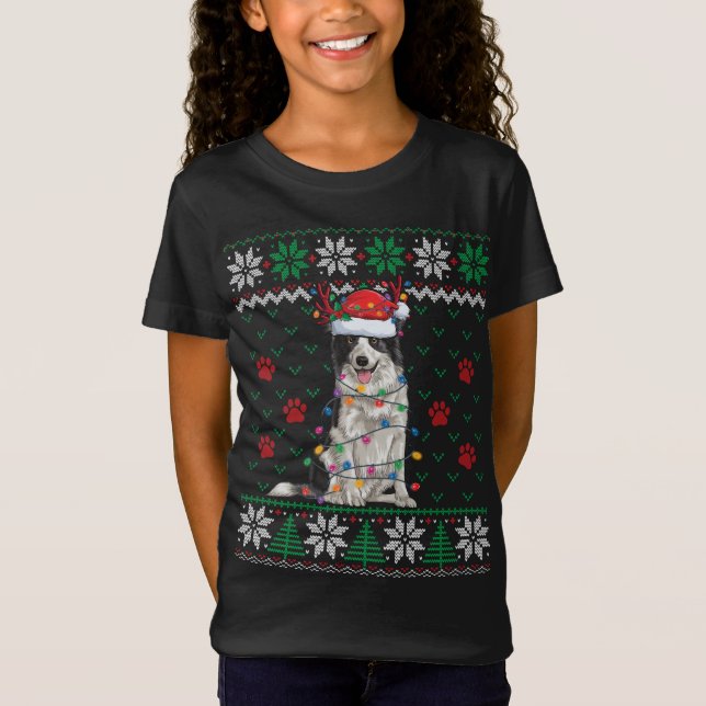 Camiseta Border Collie Christmas Lights Papais noeis Reinde (Frente)