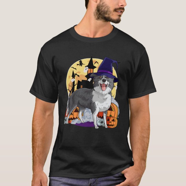 Camiseta Border Collie Cute Dog Halloween Witch Pumpkin (Frente)