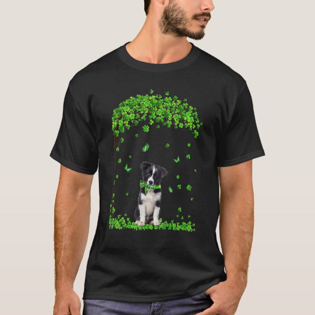 Camiseta Border Collie Dia de São Patrício Irish Shamrock D (Frente)