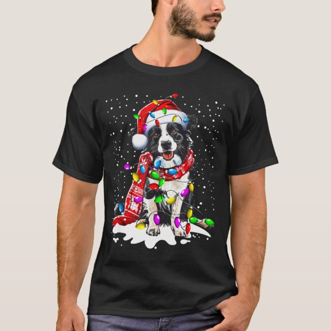 Camiseta Border Collie Dog Lighting Xmas Santa Hat Christma (Frente)