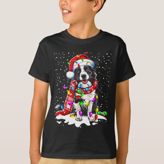 Camiseta Border Collie Dog Lighting Xmas Santa Hat Christma (Frente)
