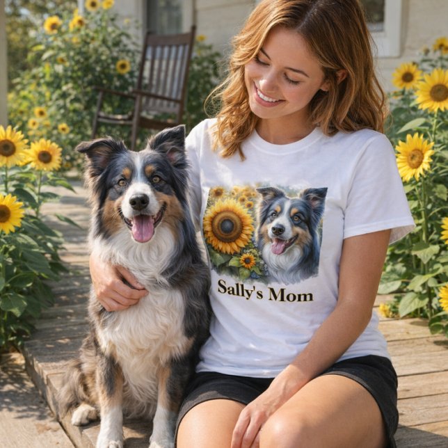 Camiseta Border Collie Mãe de Cachorro (Summer style "Dog Mom" sunflower and border collie T-shirt. )