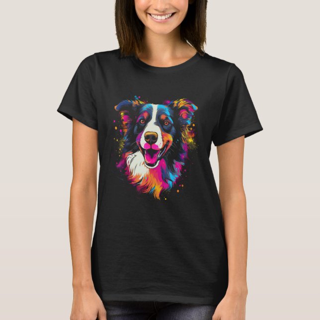 Camiseta Border Collie Rainbow Splashes Retro Design (Frente)
