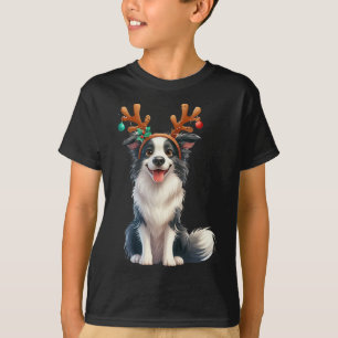 Camiseta Border Collie Reindeer Santa Hat Xmas Luzes Chris