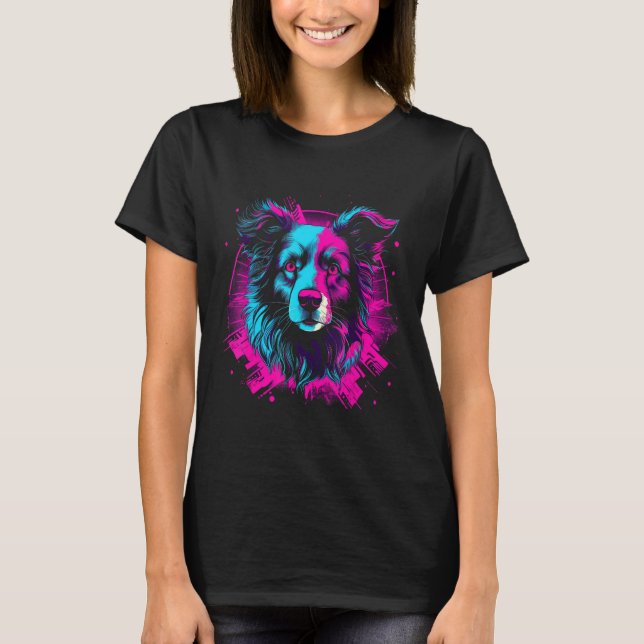 Camiseta Border Collie Retro Vaporwave Design (Frente)