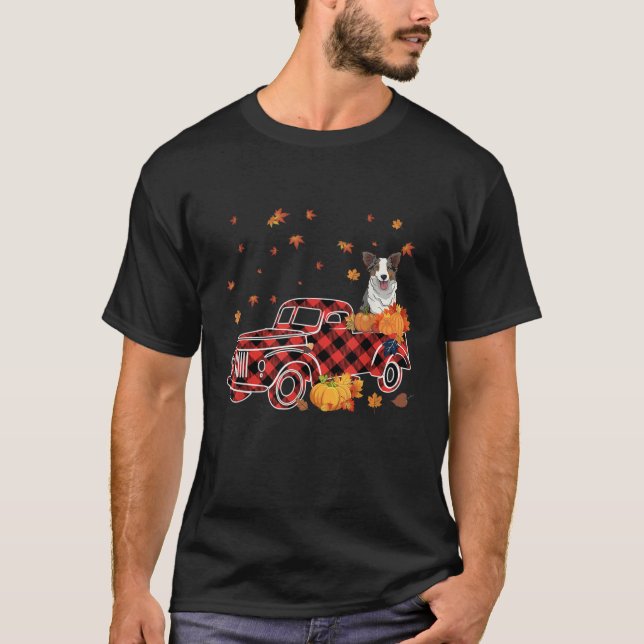 Camiseta Border Collie Riding Leopard Plaid Truck Thanksgiv (Frente)