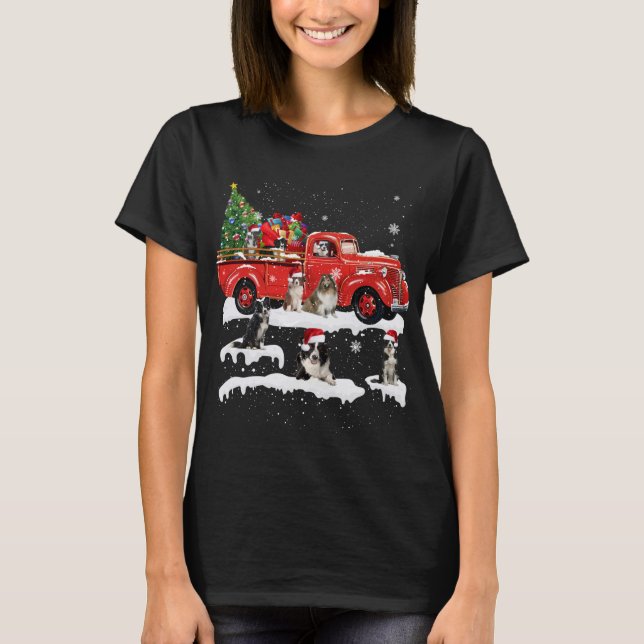 Camiseta Border Collie Riding Red Truck Feliz Natal X-m (Frente)