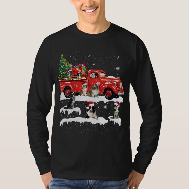 Camiseta Border Collie Riding Red Truck Feliz Natal X-m (Frente)