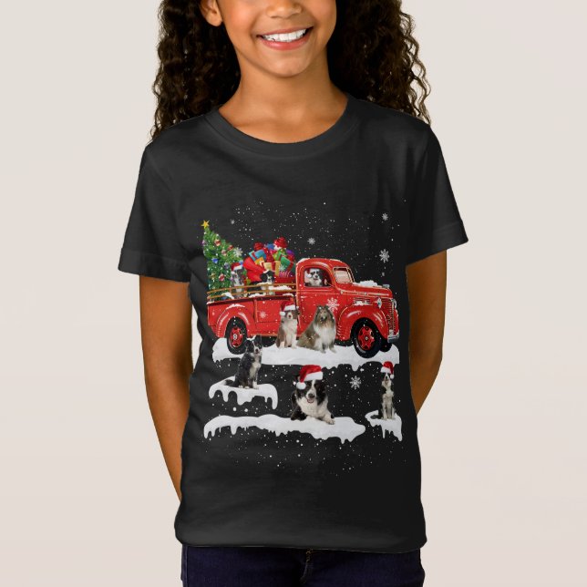 Camiseta Border Collie Riding Red Truck Feliz Natal X-m (Frente)