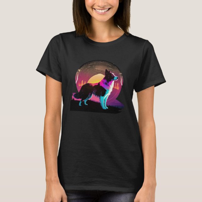 Camiseta Border Collie Synthwave Estética Retrowave dos Ano (Frente)
