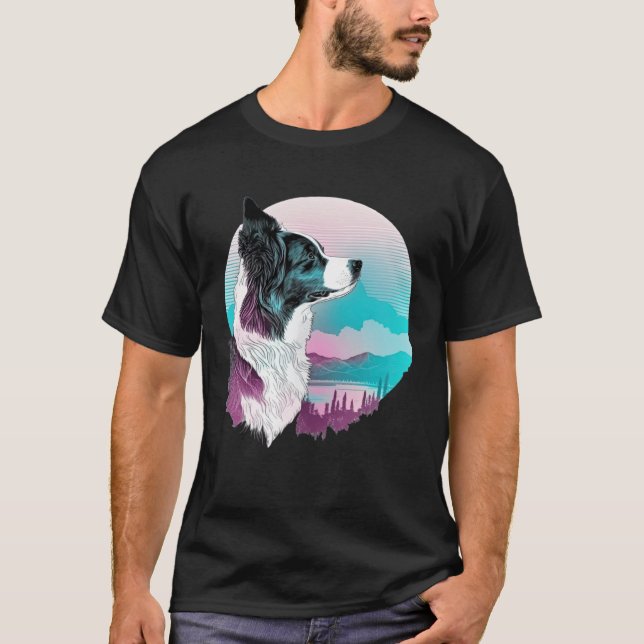 Camiseta Border Collie Vaporwave Retrowave Aesthetic (Frente)