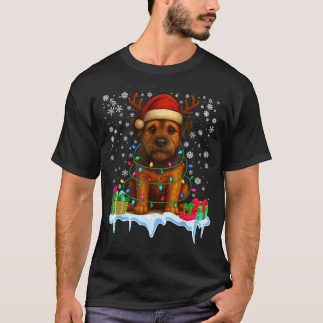Camiseta Border Terrier Christmas Santa Hat Reindeer Pajama (Frente)